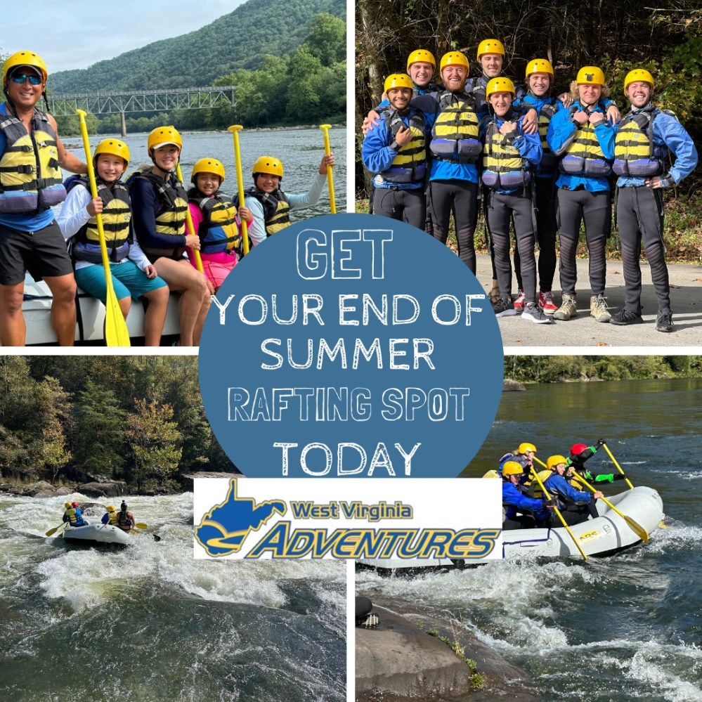 Collage of rafting images with group photo and text: 'Get your end of summer rafting spot today'.