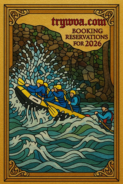 Illustration of rafters paddling in rough waters, styled like a stained glass window.