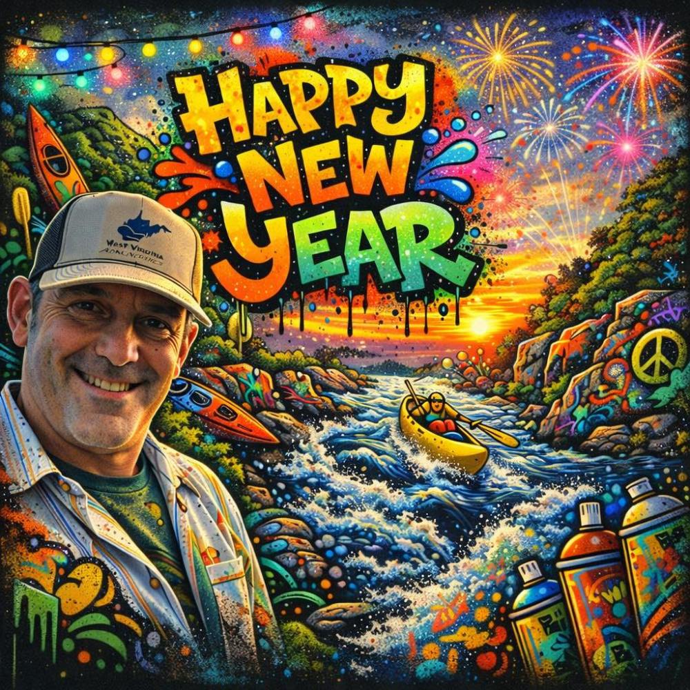 Colorful 'Happy New Year' graphic with fireworks, kayaker, and smiling man in a cap.
