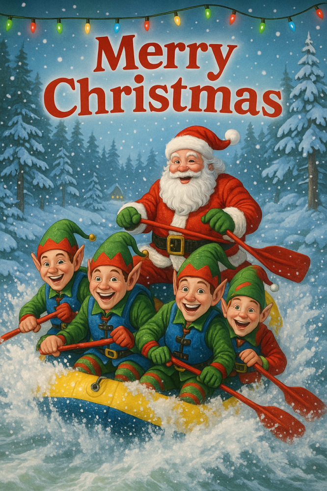 Santa and four elves in a raft, paddling through snowy waters under 'Merry Christmas' text.