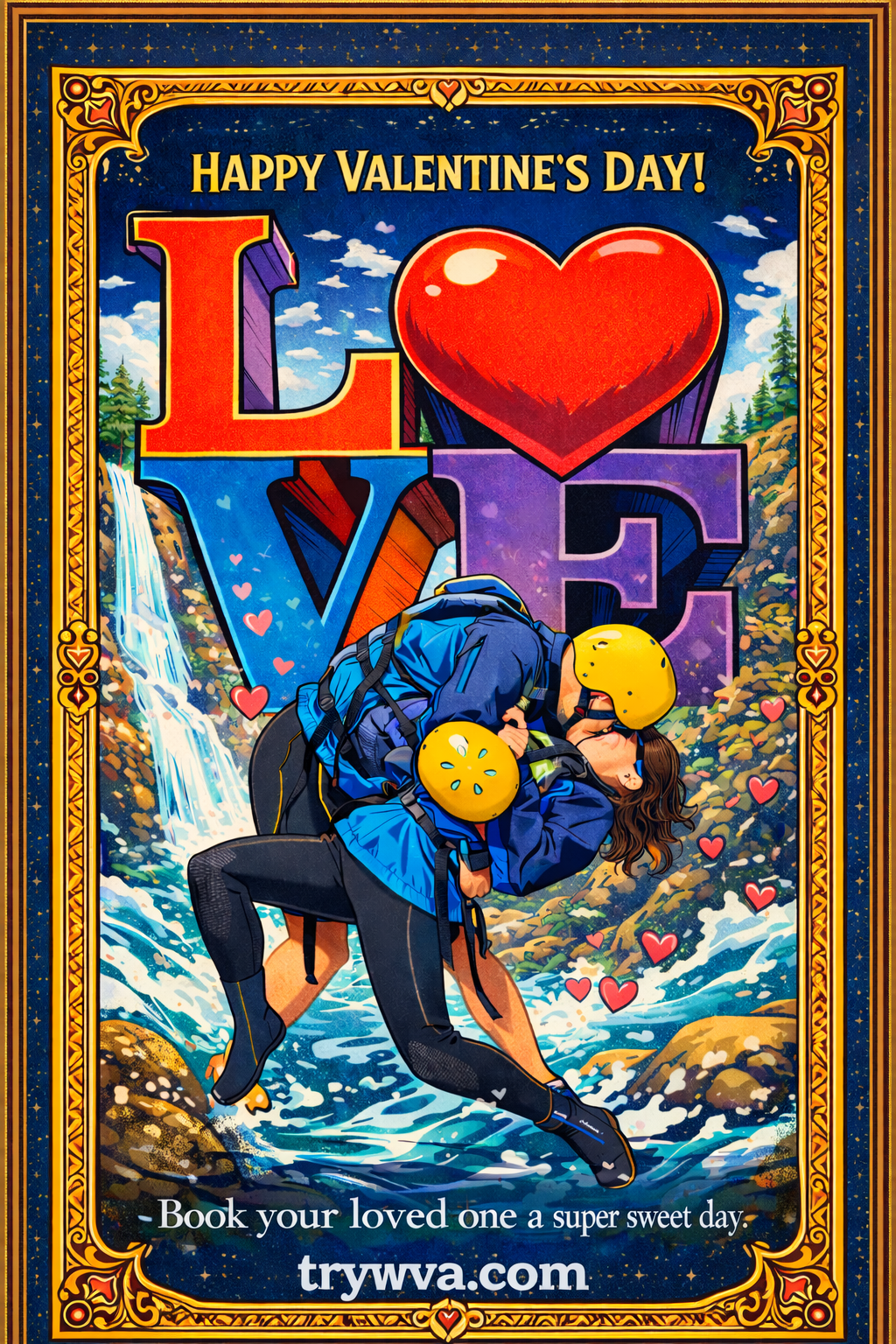Couple kissing in rafting gear with 'LOVE' text and waterfall background.