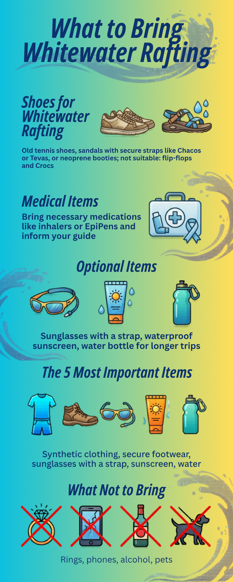 Infographic on items to bring for whitewater rafting, including shoes, medical items, and what not to bring.