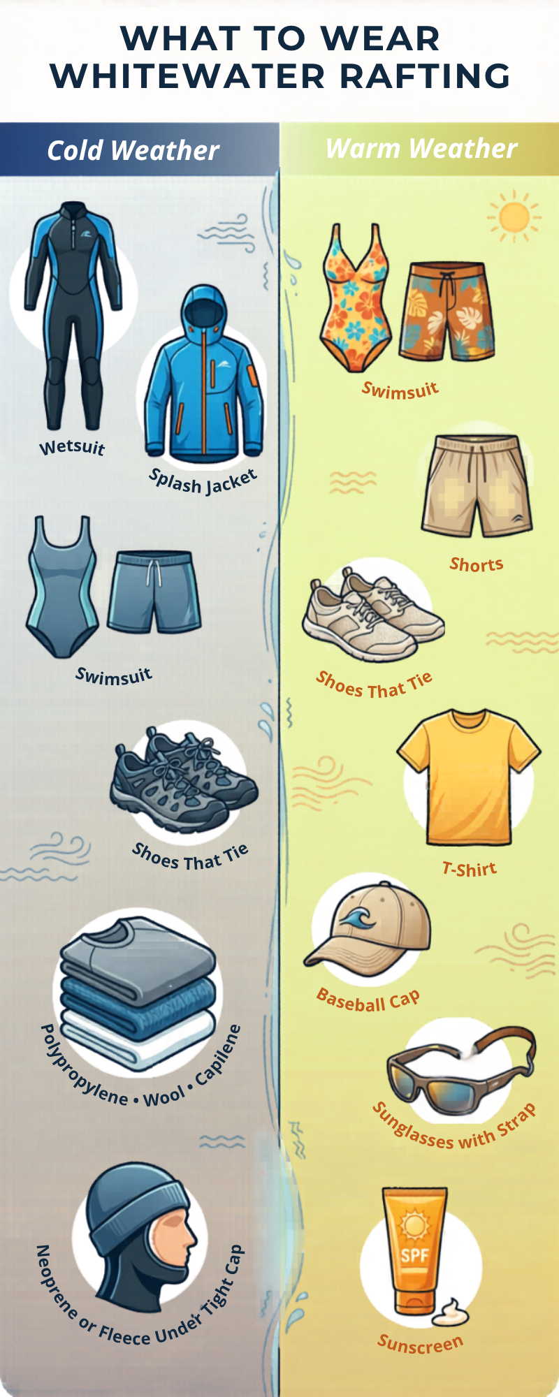 Infographic: Cold weather rafting gear vs warm weather rafting gear.