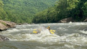 Four people whitewater rafting on a rapid river with lush green forest in the background.