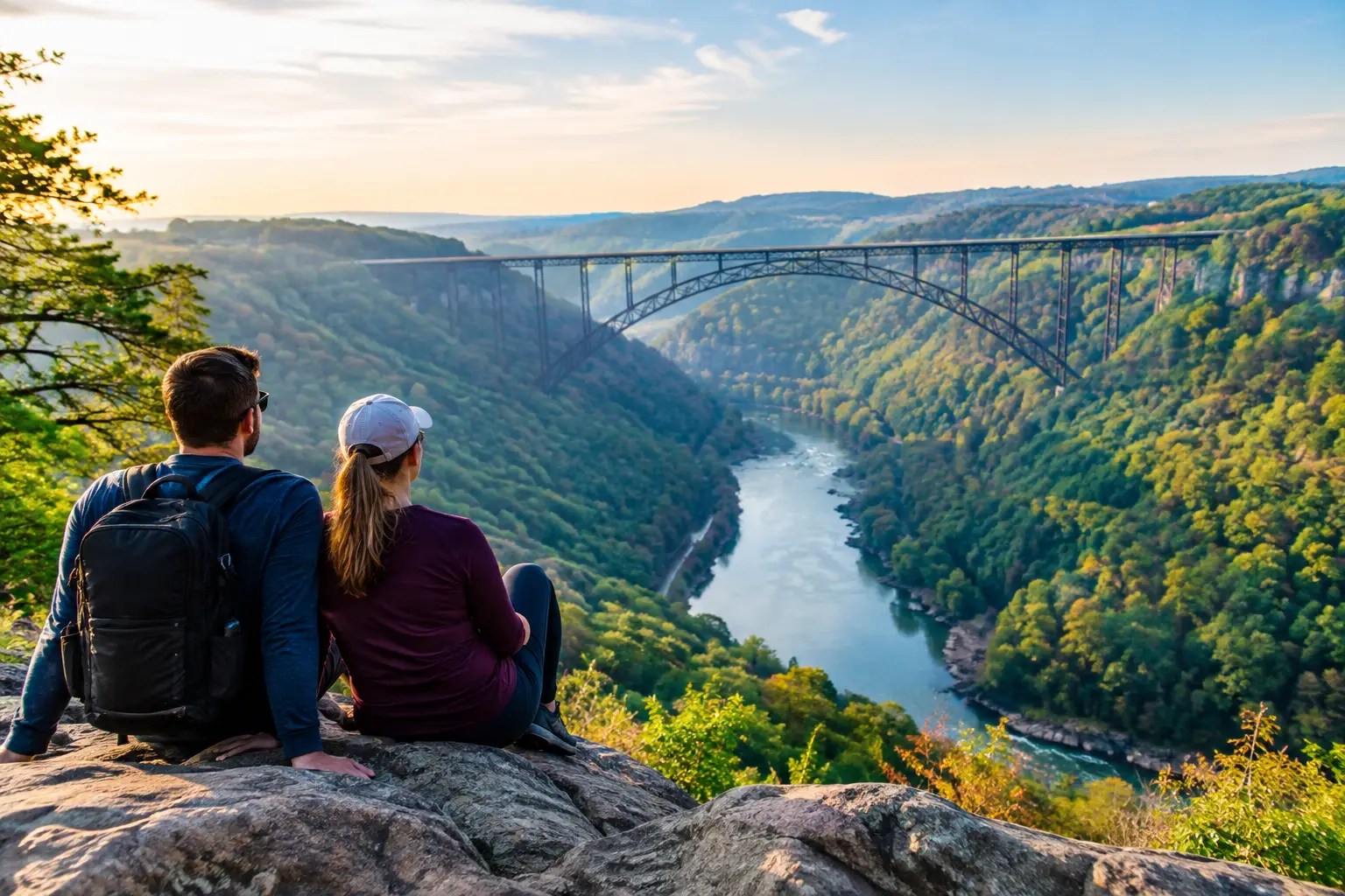 Two people sitting on a rock overlook a river and a distant bridge in a green valley.
